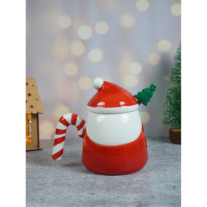 Red Santa Candy Cane Handle Ceramic Christmas Coffee Mug with lid and tree embellished Stainless Steel Spoon