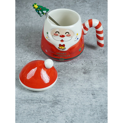 Red Santa Candy Cane Handle Ceramic Christmas Coffee Mug with lid and tree embellished Stainless Steel Spoon