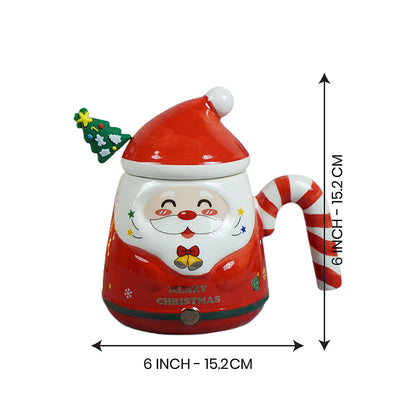 Red Santa Candy Cane Handle Ceramic Christmas Coffee Mug with lid and tree embellished Stainless Steel Spoon