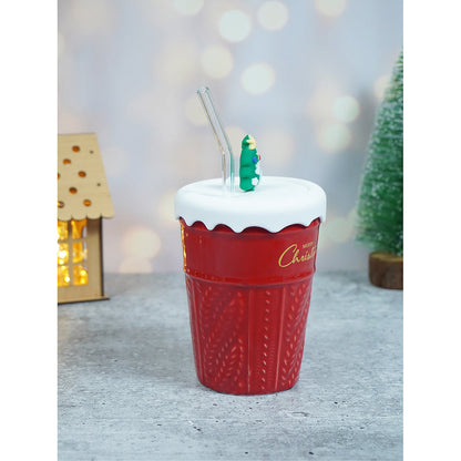 Red Self Knit Patterned ceramic christmas Coffee Mug with 3d christmas Tree Lid and Straw