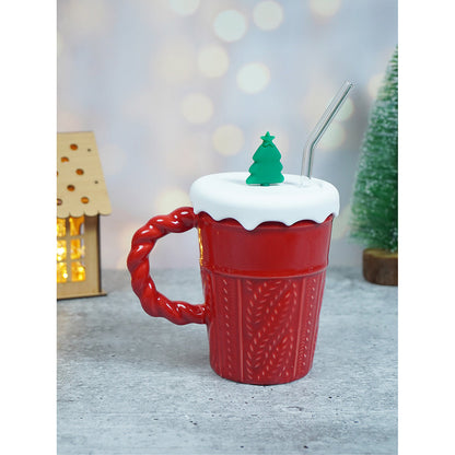 Red Self Knit Patterned ceramic christmas Coffee Mug with 3d christmas Tree Lid and Straw