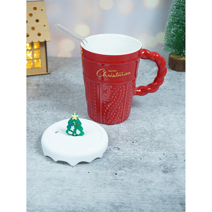 Red Self Knit Patterned ceramic christmas Coffee Mug with 3d christmas Tree Lid and Straw