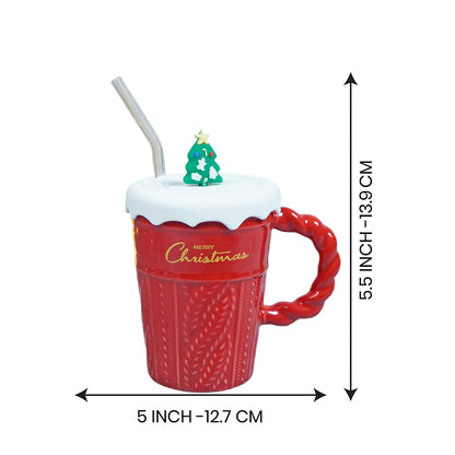 Red Self Knit Patterned ceramic christmas Coffee Mug with 3d christmas Tree Lid and Straw