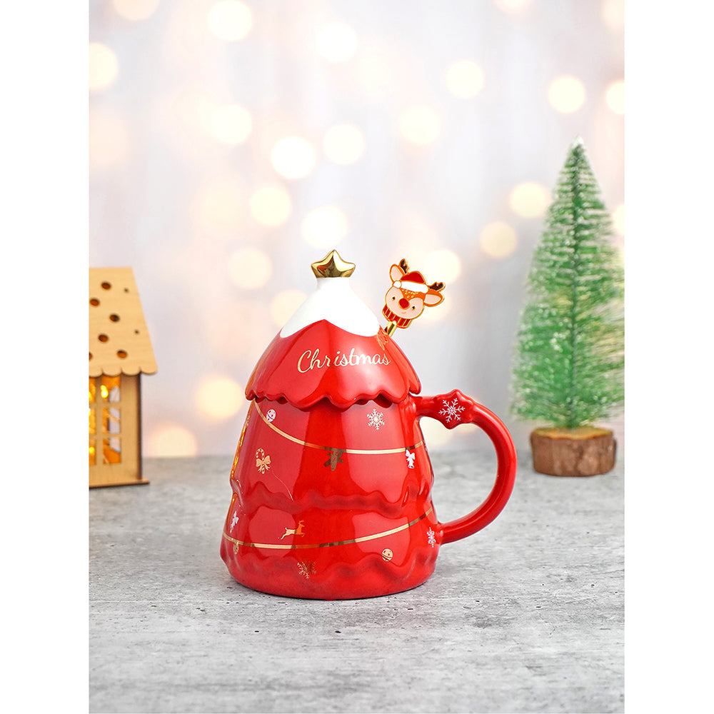 Red Tinsel Ceramic Christmas Coffee Mug with lid and Reindeer embellished stainless steel spoon