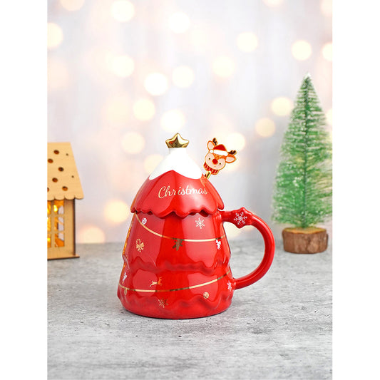 Red Tinsel Ceramic Christmas Coffee Mug with lid and Reindeer embellished stainless steel spoon