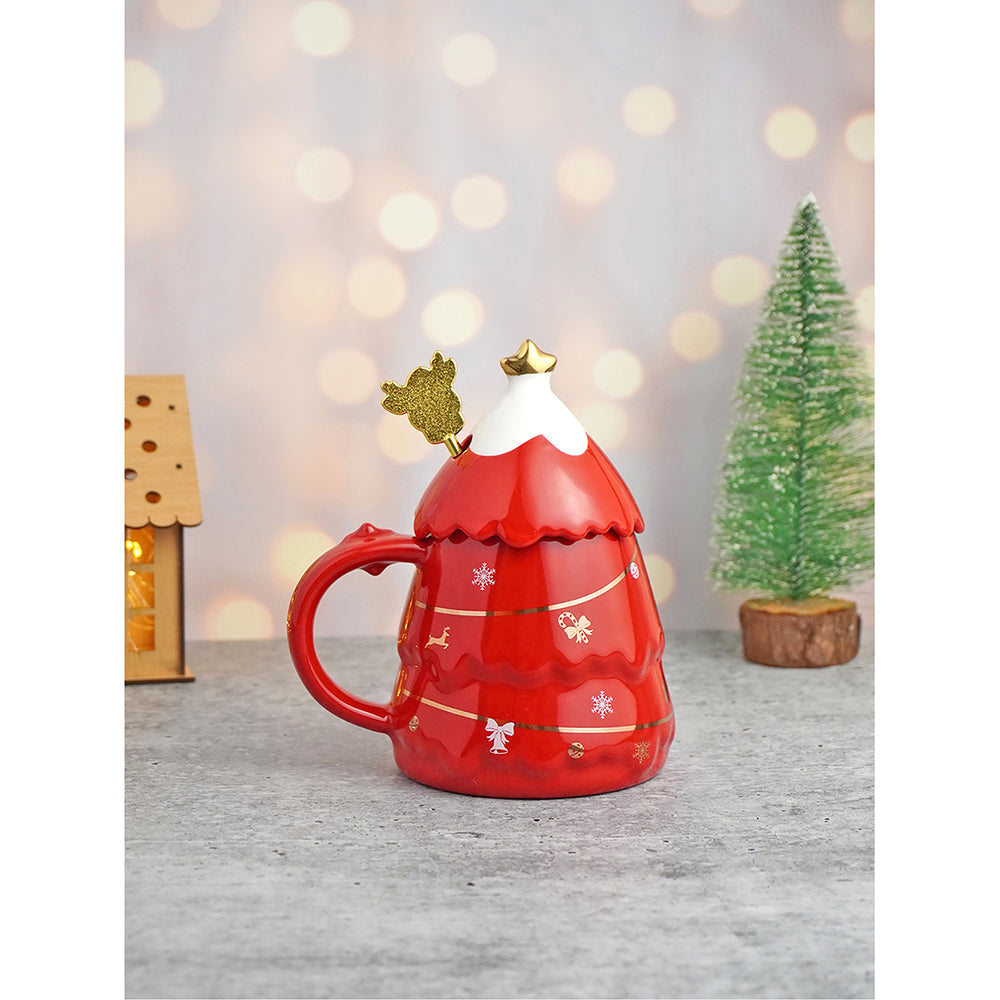 Red Tinsel Ceramic Christmas Coffee Mug with lid and Reindeer embellished stainless steel spoon