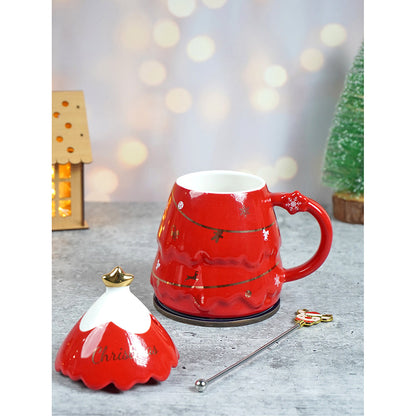 Red Tinsel Ceramic Christmas Coffee Mug with lid and Reindeer embellished stainless steel spoon