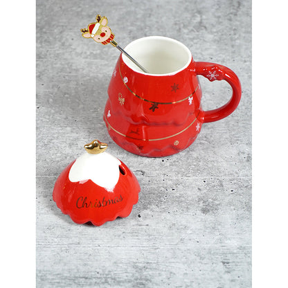 Red Tinsel Ceramic Christmas Coffee Mug with lid and Reindeer embellished stainless steel spoon