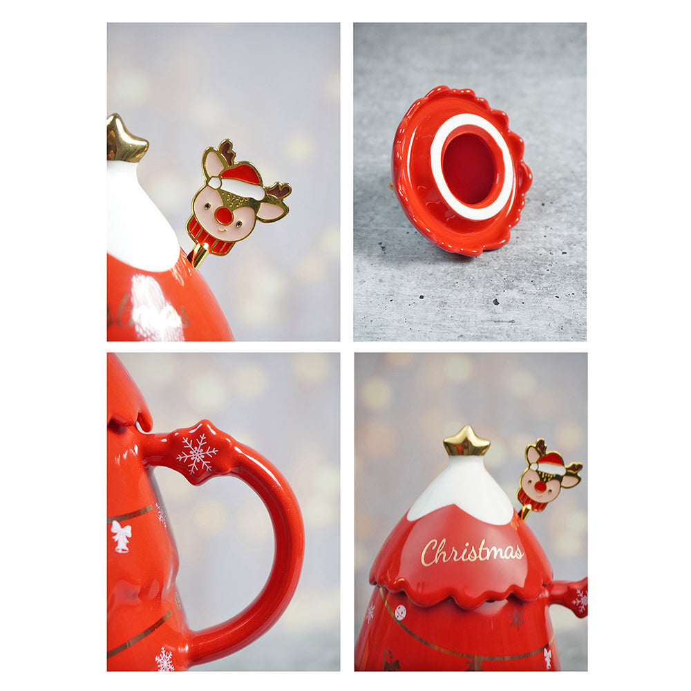 Red Tinsel Ceramic Christmas Coffee Mug with lid and Reindeer embellished stainless steel spoon