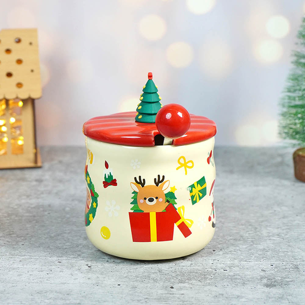 Snowman with Tree  ceramic Christmas Coffee and Hot Chocolate Mug with 3d christmas tree Lid and Stainless Spoon.