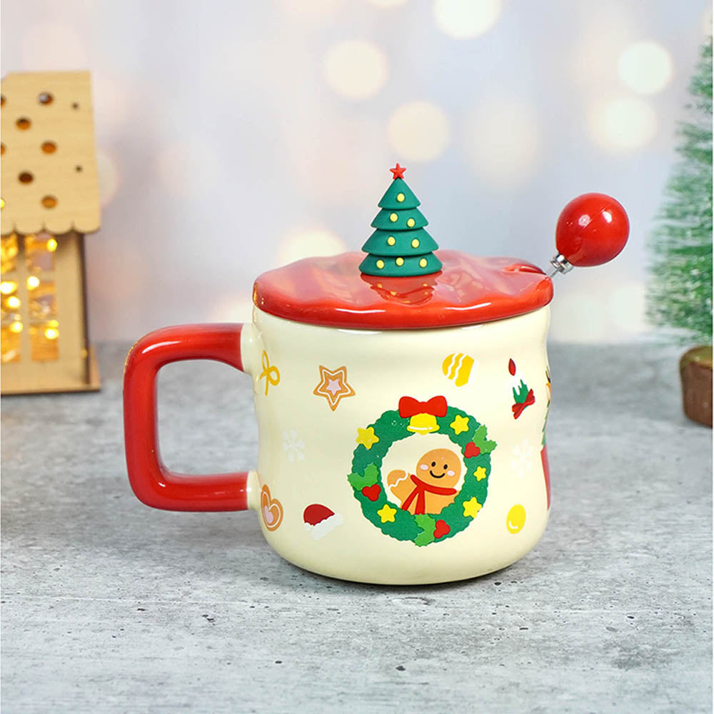 Snowman with Tree  ceramic Christmas Coffee and Hot Chocolate Mug with 3d christmas tree Lid and Stainless Spoon.