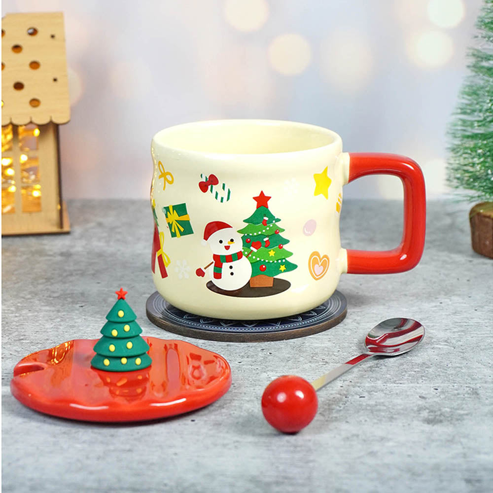 Snowman with Tree  ceramic Christmas Coffee and Hot Chocolate Mug with 3d christmas tree Lid and Stainless Spoon.