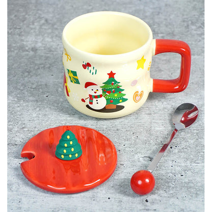 Snowman with Tree  ceramic Christmas Coffee and Hot Chocolate Mug with 3d christmas tree Lid and Stainless Spoon.