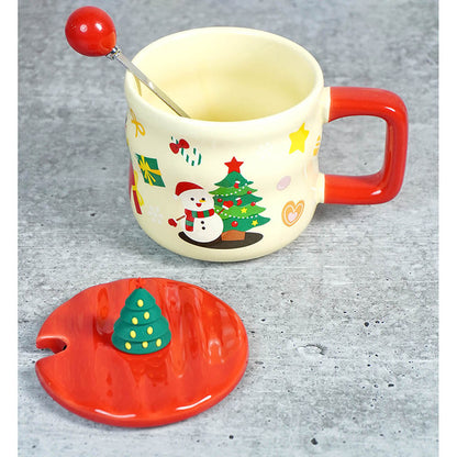 Snowman with Tree  ceramic Christmas Coffee and Hot Chocolate Mug with 3d christmas tree Lid and Stainless Spoon.