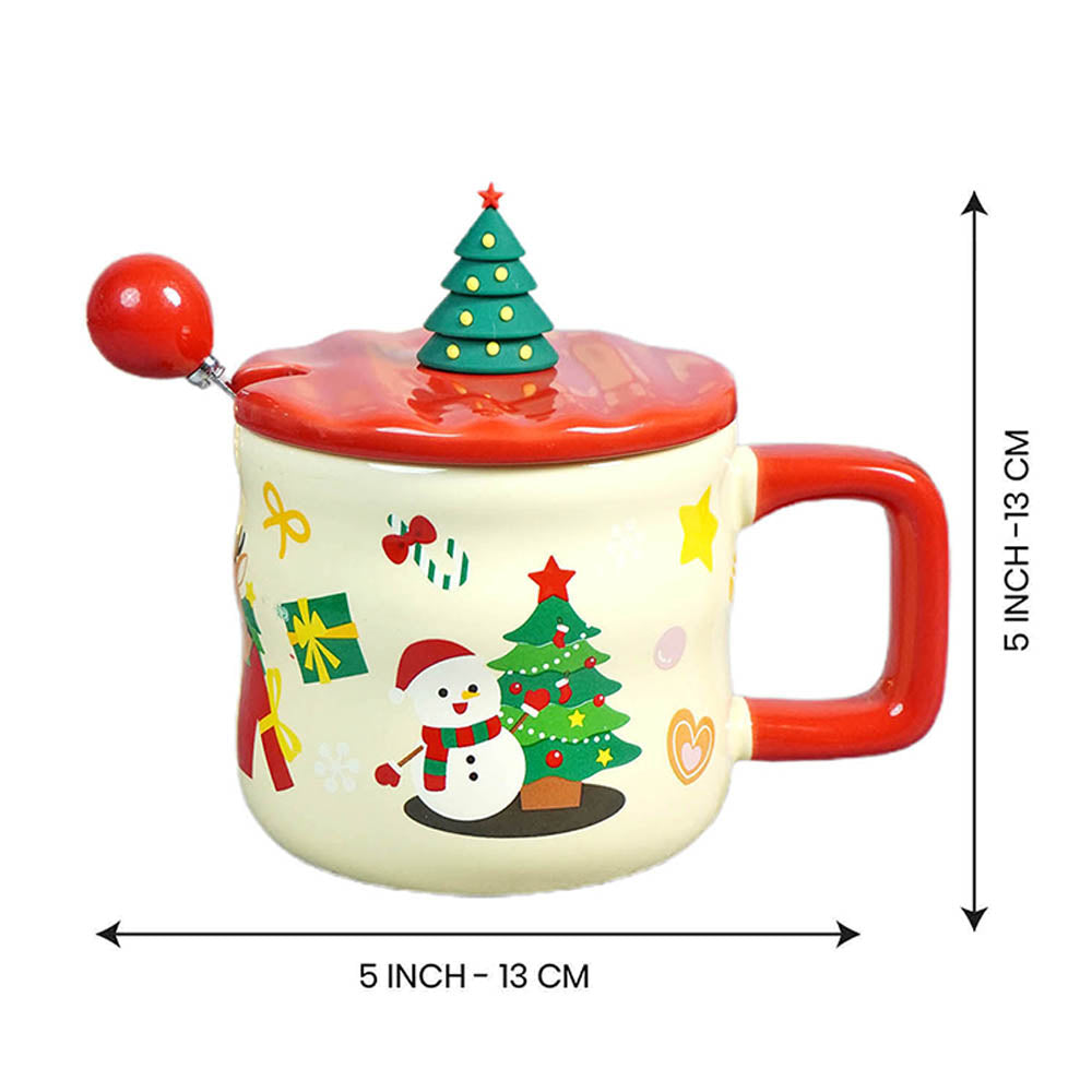 Snowman with Tree  ceramic Christmas Coffee and Hot Chocolate Mug with 3d christmas tree Lid and Stainless Spoon.