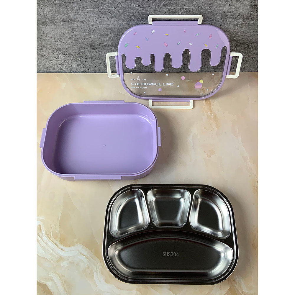 Little Surprise Box Purple Icecream Drip Big Size Stainless Steel Lunch Box with  for Kids & Adults, 1300ml