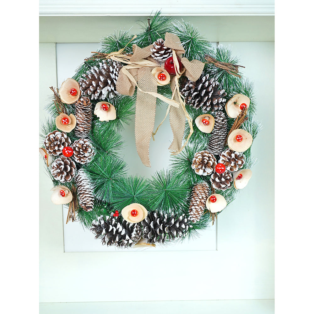 19 inches Mushroom Buds & Bushy Frosty Pinecone Artificial Christmas wreath for Door Wall & Christmas Décor