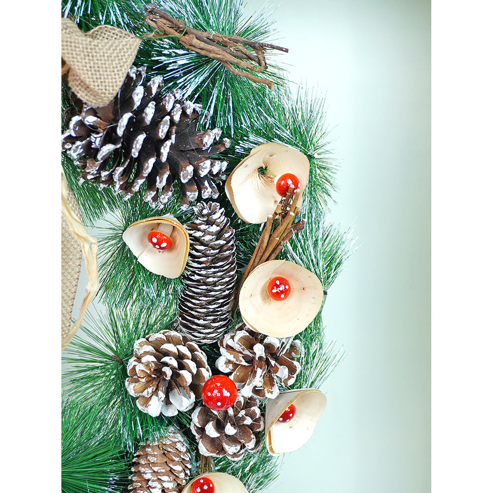 19 inches Mushroom Buds & Bushy Frosty Pinecone Artificial Christmas wreath for Door Wall & Christmas Décor