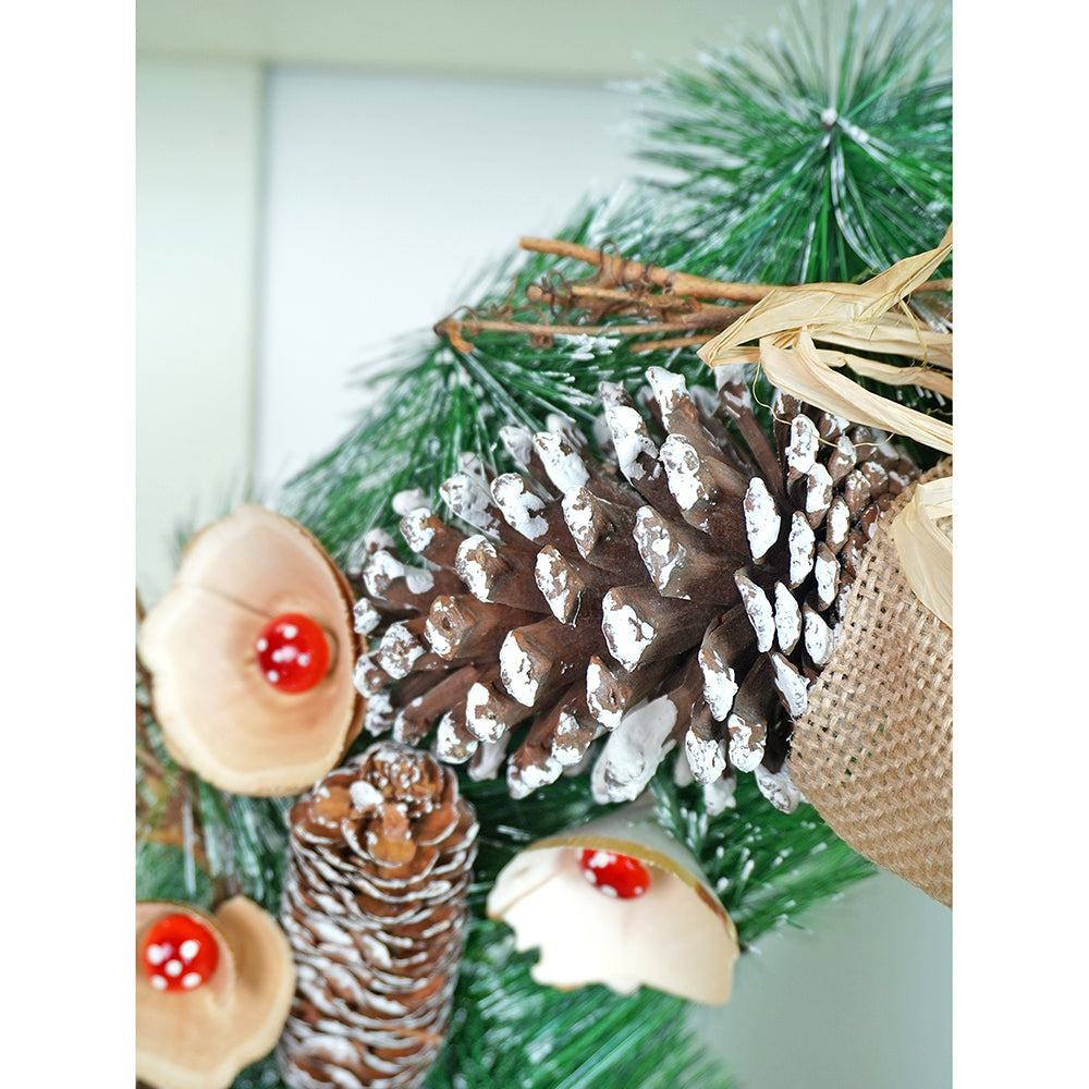 19 inches Mushroom Buds & Bushy Frosty Pinecone Artificial Christmas wreath for Door Wall & Christmas Décor