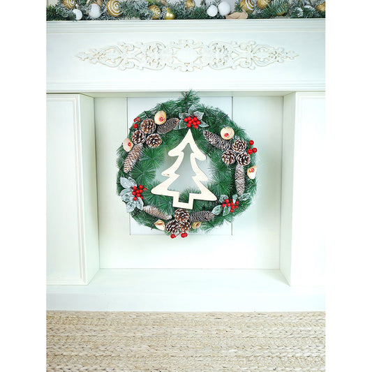 22 inches Bushy Frosty MDF tree with Pinecones berries & Mushroom Buds Christmas wreath and Christmas Décor