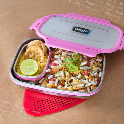 Veigo Jumbo Stainless Steel Lunch Box (with inner veg box) - Pink | Limited Edition