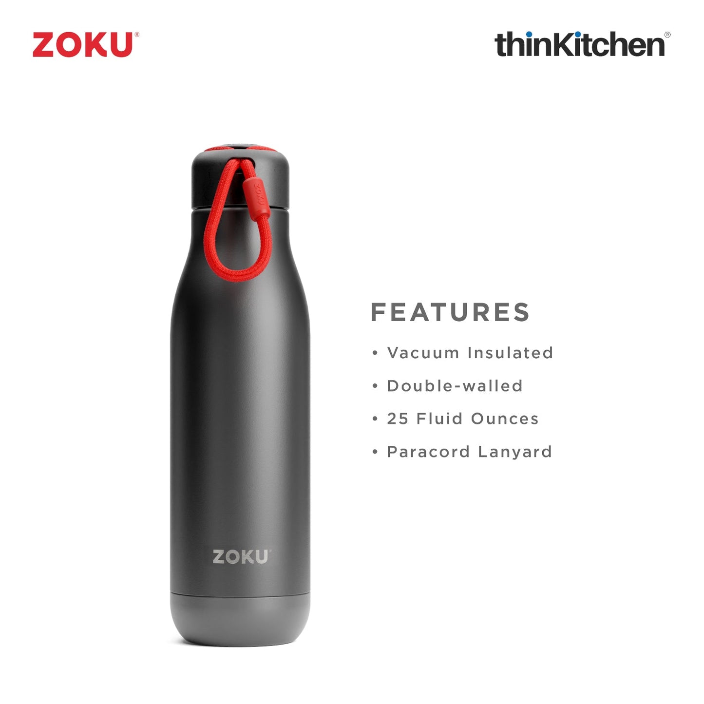 thinKitchen™ Zoku Black Pc Stainless Bottle, 750ml