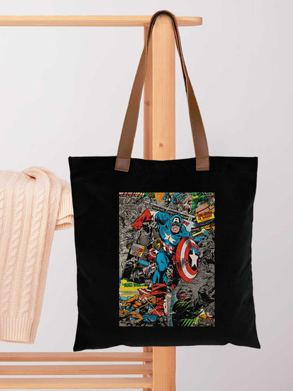 Comic Captain America Casual Tote Bag - Polycotton - Black