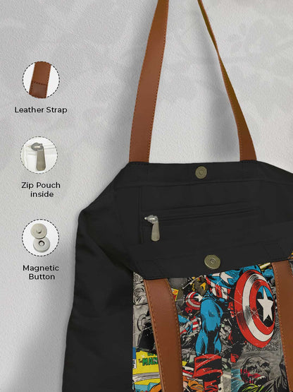 Comic Captain America Casual Tote Bag - Polycotton - Black