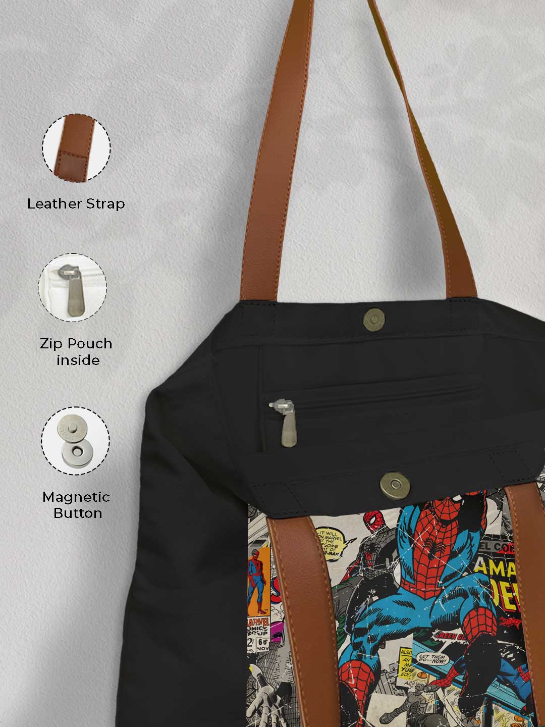 Comic Spidey Casual Tote Bag - Polycotton - Black