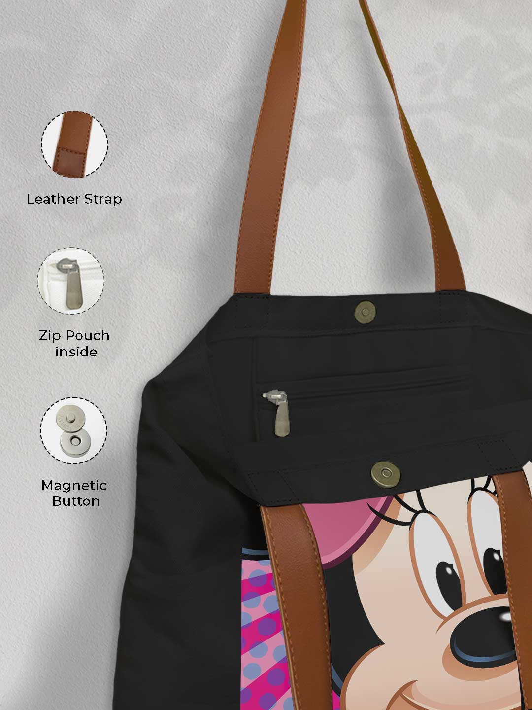 Zoom Up Minnie Casual Tote Bag - Polycotton - Black