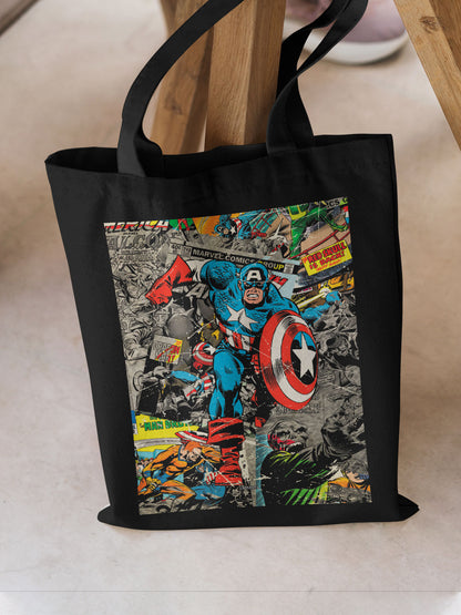 Comic Captain America Casual Tote Bag - Polycotton - Black