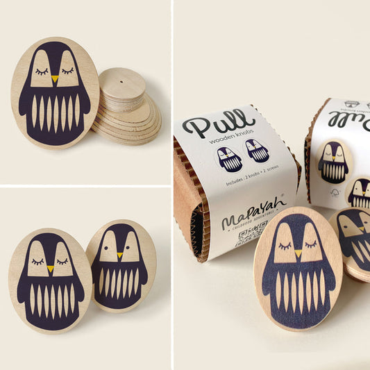 PULL - Wooden Knobs - Cool Penguin (Oval)