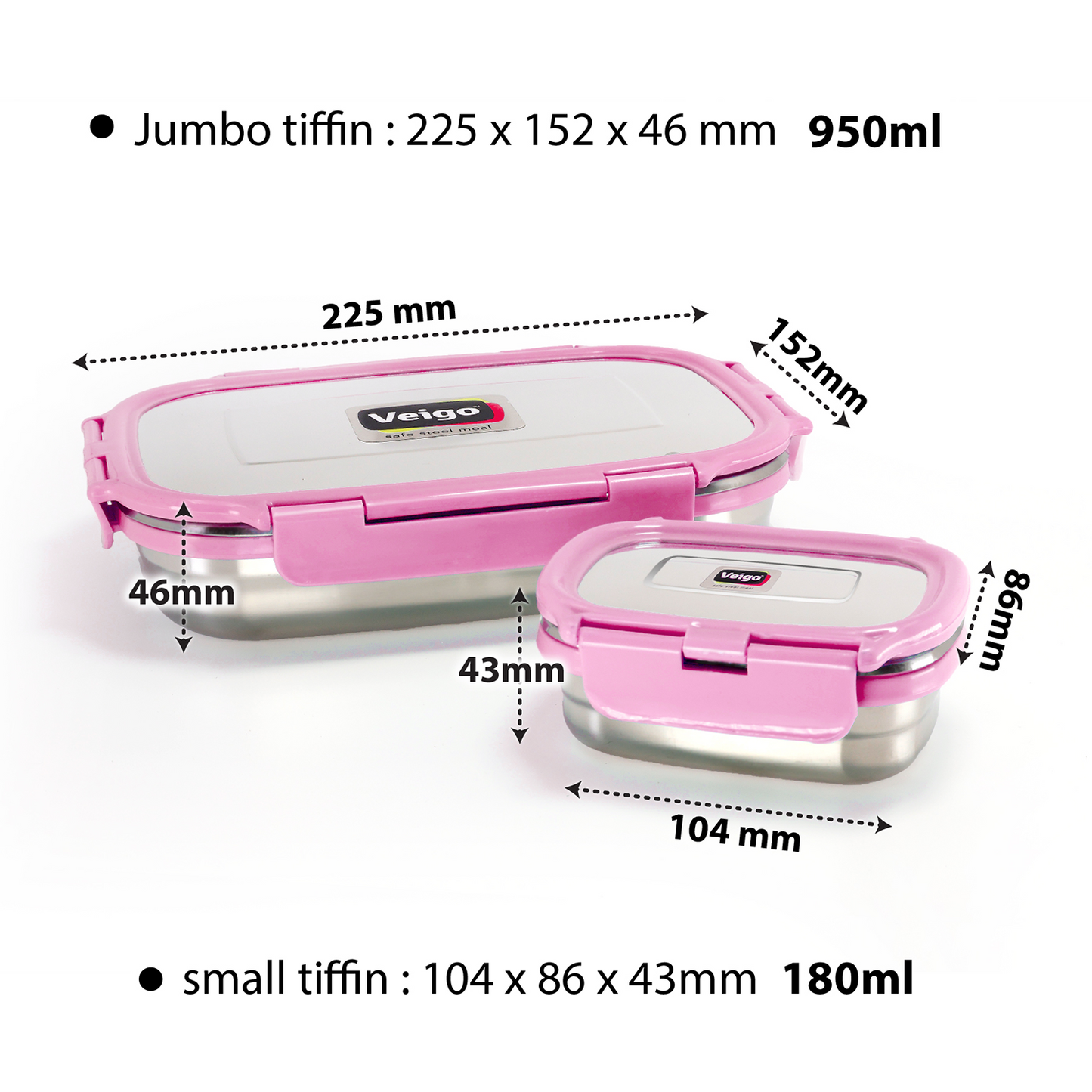 Veigo Jumbo Stainless Steel Lunch Box (with inner veg box) - Pink | Limited Edition