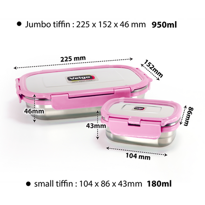 Veigo Jumbo Stainless Steel Lunch Box (with inner veg box) - Pink | Limited Edition