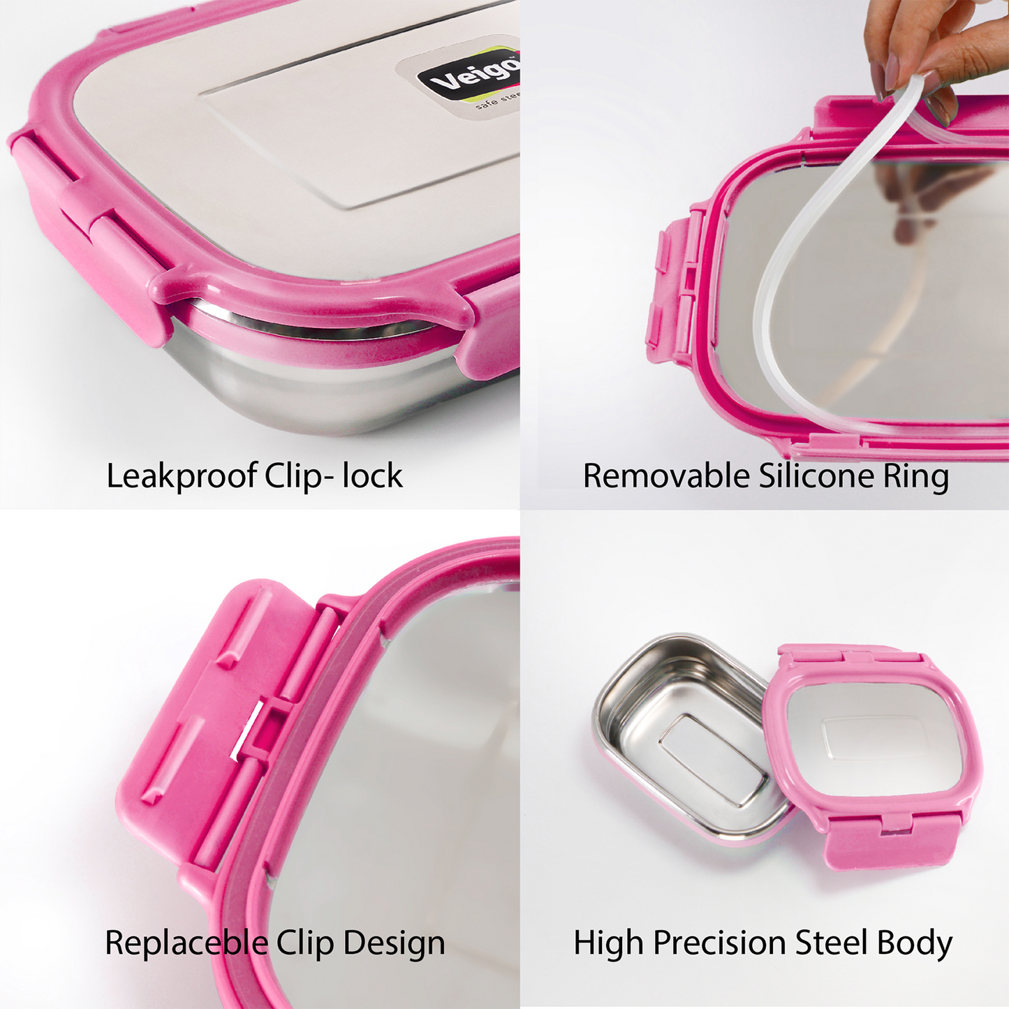 Veigo Jumbo Stainless Steel Lunch Box (with inner veg box) - Pink | Limited Edition