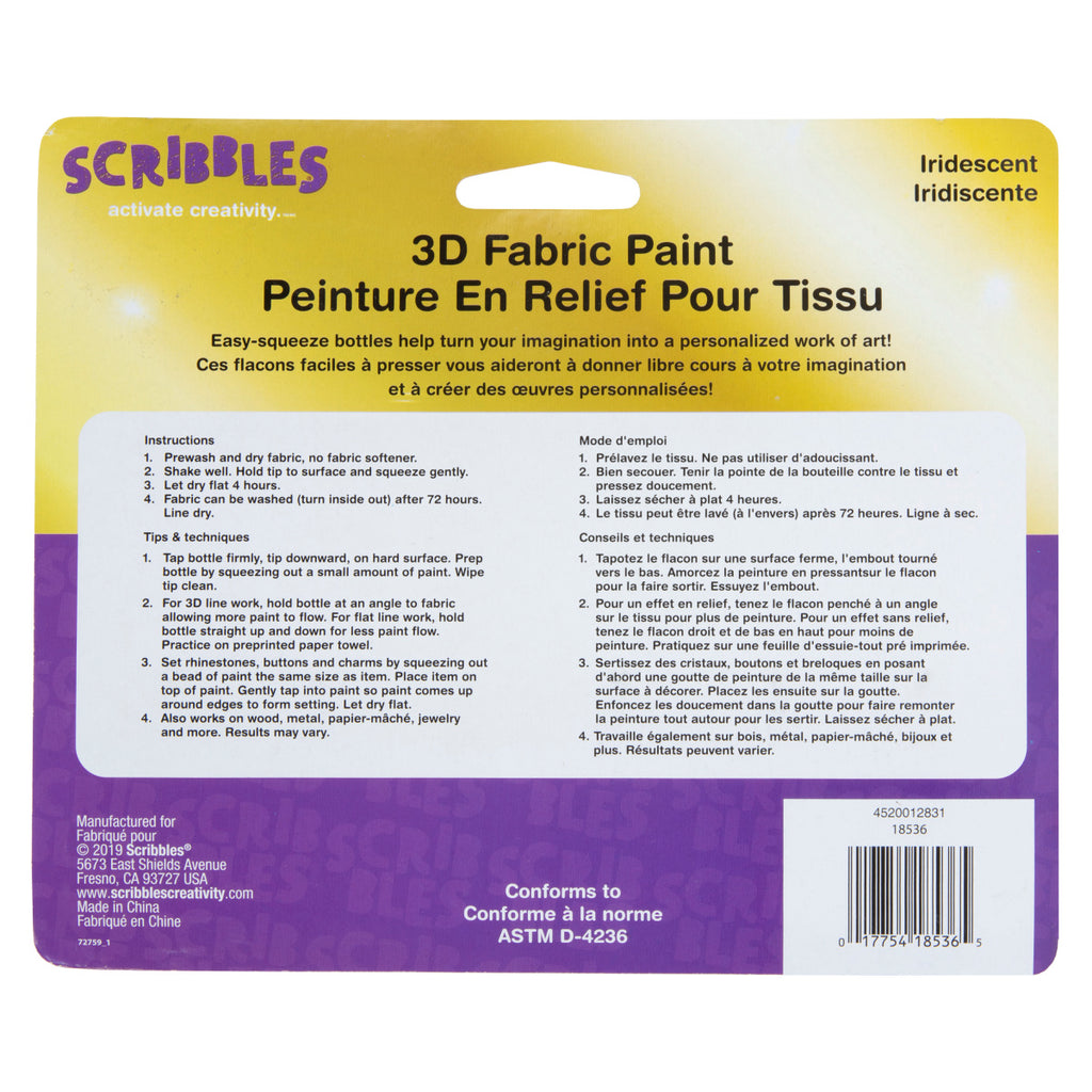 Scribbles 3D Fabric Paint - Glitter /Iridescent (20 Pack)